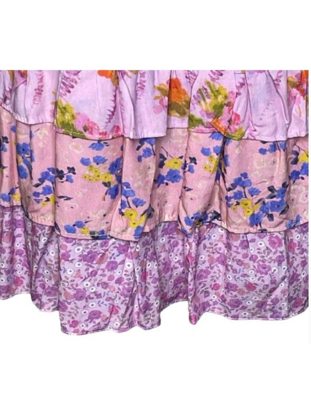 Pink Ripple Floral Ruched Mini Dress Medium Pink V Neck Ruffle Flounce Boho - Picture 13 of 16